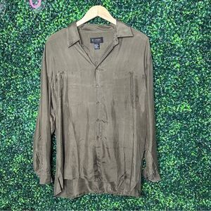 Vintage Olive Green 100% Silk Soft Button Down Shirt Top Sz L